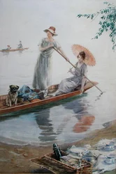Due ragazze con il loro carlino che tornano al picnic