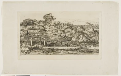 Granai e capanne dei nativi ad Akaroa, penisola di Banks, 1845