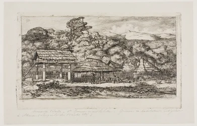 Granai e capanne dei nativi ad Akaroa, penisola di Banks, 1845