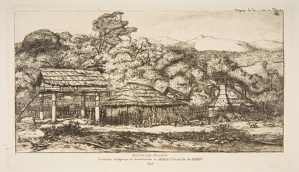 Granai e capanne indigeni ad Akaroa, penisola di Banks, 1845, da «Il viaggio in Nuova Zelanda (1842-46)»