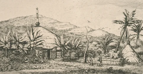 Nuova Caledonia, Nouvelle Calédonie: grande casa indigena sul sentiero di ballata a Poepo, illustrazione da "Incisione del Pacifico...", 1863