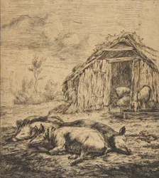 Tre maiali sdraiati davanti a un capanno, 1850