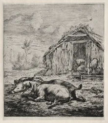Tre maiali sdraiati davanti a una stalla, 1850