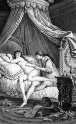 Illustrazione per "Le relazioni pericolose" di Choderlos de Laclos. Incisione di Charles Monnet (1732 - 1808): Valmont scrive una lettera sulla schiena di Emilie (una cortigiana).