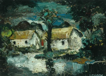 Cottage con ruscello (olio su tavola)