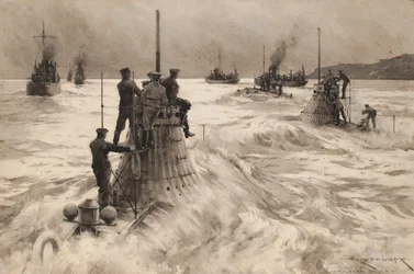 Nuovi sottomarini britannici lasciano Milford Haven (Inghilterra) per entrare in azione. Disegno e lavaggio (30,4x45,5 cm) di Charles M. Padday () , inizio XX secolo.