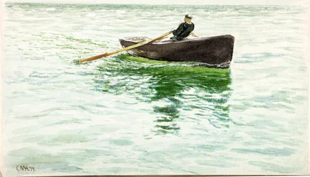 Uomo che rema una barca (guazzo e acquerello su carta)