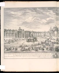 Stampa rilegata, Veduta prospettica della decorazione eretta sulla terrazza della Reggia di Versailles per l