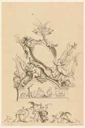 Progetto per cartiglio con corona, due putti che servono Bacco e due leoni da "Cartouches Nouvellement Inventez"