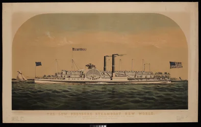 Il battello a vapore a bassa pressione New World. In navigazione sul fiume Hudson, tra New York e Albany