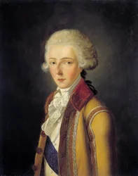 Ritratto di Louis Antoine Henri de Bourbon-Condé, Duca di Enghien (1772-1804) - raffigurato intorno al 1788, indossando la livrea da caccia "della Casa di Condé". Dipinto di Charles Rauch (1791-1857) 1836. Dim. 0,65x0,54 m.