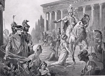 Alessandro al sacco di Tebe nel 335 a.C., illustrazione tratta da "Hutchinson