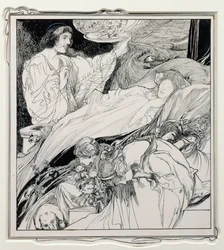 Lì giaceva, così bella, illustrazione da Briar Rose, The True Annals of Fairyland - The Reign of King Herla, pub. da J.M. Dent & Co. Ltd., 1900