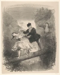 Scena di balletto con uomo e donna sopra un precipizio
