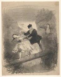 Scena di balletto con uomo e donna sopra un precipizio