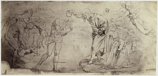 Fotoreproduzione di un disegno di Raffaello, battesimo di Cristo nel Giordano