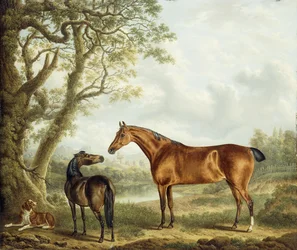 Cacciatori e uno spaniel in un paesaggio esteso, 1827