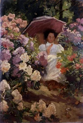 Ragazza con ombrellone. Ragazza con ombrellino in un giardino fiorito. Dipinto di Charles Wellington Furse (1868-1904 inglese) Collezione privata