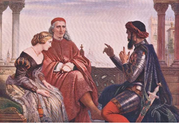 La corte di Desdemona (Otello) "Dove parlavo di eventi disastrosi, di incidenti commoventi per acqua e per terra", da Le opere complete di William Shakespeare pub. da J Coker & Co Ltd (litografia a colori)