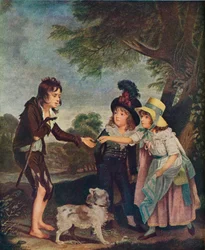 Ritratto dei figli di Sir Francis Ford che danno una moneta a un ragazzo mendicante