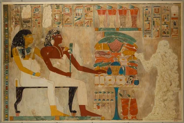 Visir Rekhmire e sua madre Meryt con offerte di cibo, c.1928