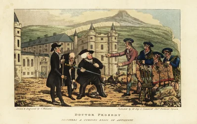 Un muratore scozzese informa turisti inglesi che la loro arrugginita antica spada falcione è una lama moderna di Andrea Ferrara davanti al Palazzo di Holyrood, Edimburgo