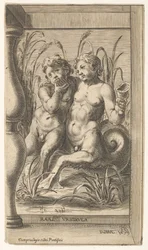 Due tritoni che si abbracciano, uno suona un flauto di Pan, il secondo tiene una conchiglia, 1579