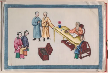 Album, fine XIX secolo (album di dodici fogli; inchiostro e colore su carta pith, rilegato in damasco rosso)