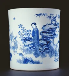 Portapennelli blu e bianco dipinto con una signora e ragazzi che giocano a cavalluccio in un giardino, Chongzheng, 1630-44 (porcellana)