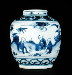 Vaso blu e bianco dipinto con ragazzi con una lepre, Wanli o Chongzheng, 1600-30