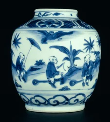 Vaso blu e bianco dipinto con ragazzi che giocano a cavalluccio, Wanli o Chongzheng, 1600-30 (porcellana)
