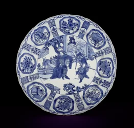 Piatto kraak blu e bianco dipinto con guerrieri, Wanli, 1590-1610 (porcellana)
