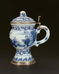 Vasetto per senape blu e bianco con coperchio dipinto con uno studioso e un assistente, Chongzheng, 1635-40 (porcellana)