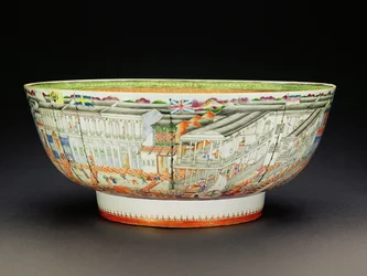 Ciotola decorata in palette mandarino con una scena degli Hongs a Canton, periodo Qianlong, c.1770 (porcellana)