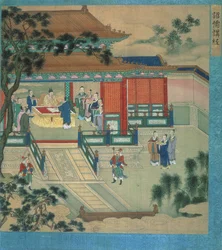 Imperatore Hsien Ti (fl.189-220) con studiosi che traducono testi classici, da una storia degli imperatori cinesi