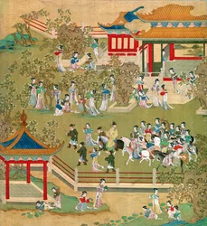 Imperatore Yang Ti (581-618) che passeggia nei suoi giardini con le sue mogli, da una storia degli imperatori cinesi
