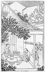 Modellazione e posizionamento sul tornio del vasaio, da una serie di illustrazioni sulla fabbricazione della porcellana