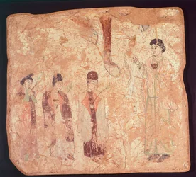 Soggetto nestoriano, forse Domenica delle Palme, pittura murale dal Tempio di Cristano Qoco, Xinjiang, Cina, Civiltà Cinese, Dinastia Tang, fine IX secolo