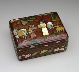 Scatola rettangolare tzu-tan, raffigurante un messaggero imperiale venuto a ottenere il rilascio di Su Wu, realizzata dal laboratorio della famiglia Chou, metà-tardo dinastia Ming 1368-1644