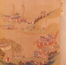 Il secondo imperatore Sui, Yangdi (569-618) con la sua flotta di navi a vela, da una storia degli imperatori cinesi