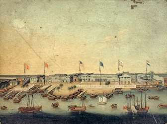 Veduta degli Hongs a Canton con le fabbriche danesi, austriache, americane, svedesi, britanniche e olandesi
