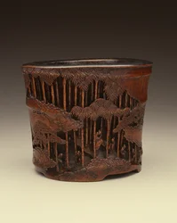 Grande vaso per pennelli con i Sette Saggi del Bosco di Bambù nelle loro attività letterarie, periodo Kang-hsi (1662-1722), dinastia Ching
