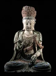 Grande bodhisattva seduto con le mani alzate, dinastia Jin