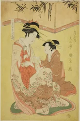 Bellezze che parodiano i sette saggi - Una selezione di giovani cortigiane (Shichi kenjin yatsushi bijin shinzo zoroe): Shinoura della Tsuruya