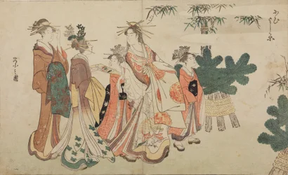 Oiran durante una passeggiata di Capodanno, circondata da due shinzo e due kamuro