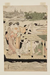 Barche da piacere sul fiume Sumida sotto il ponte Shin-ohashi