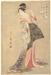 Takigawa del bordello Ōgiya: il primo appuntamento nella sala di ricevimento del nuovo anno (Hatsu-uri zashiki no zu: Ōgiya Takigawa), dalla serie Un confronto tra bellezze scelte dei quartieri di piacere (Seirō bisen awase)