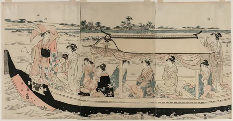 Donne in una barca da piacere sul fiume Sumida