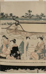 Donne in una barca da piacere sul fiume Sumida
