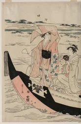Donne in una barca da piacere sul fiume Sumida